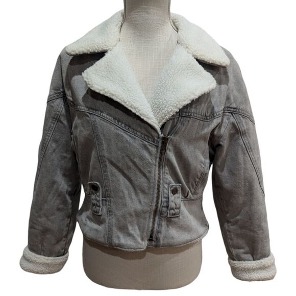 LEVI'S Romantic Biker Jacket Moto Cotton Denim Trucker Sherpa Lined Collar Women - Picture 4 of 10